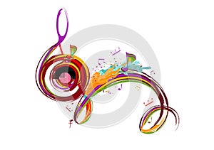 Abstract musical design with a treble clef and colorful splashes, notes and waves.